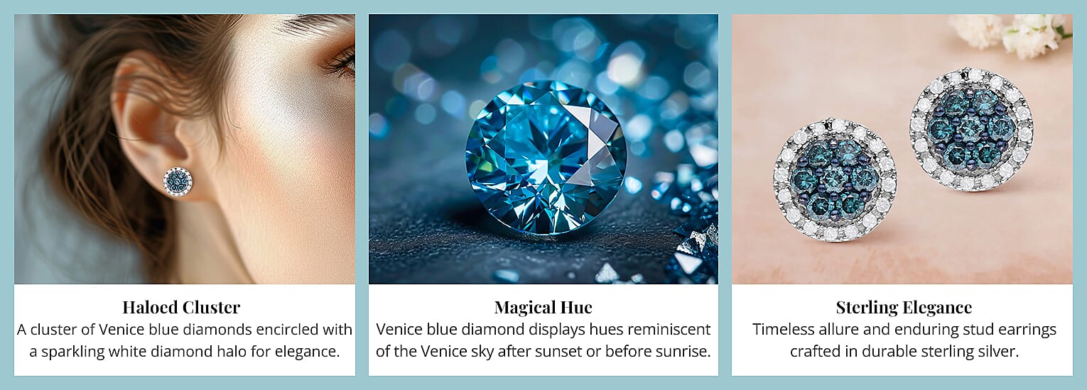 Venice Blue Diamond and Diamond Stud Earrings in Platinum Over Sterling Silver Banner