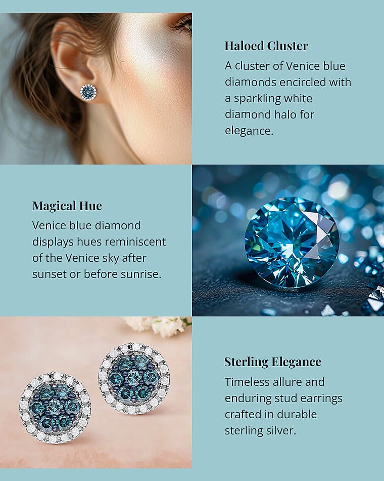 Venice Blue Diamond and Diamond Stud Earrings in Platinum Over Sterling Silver Banner