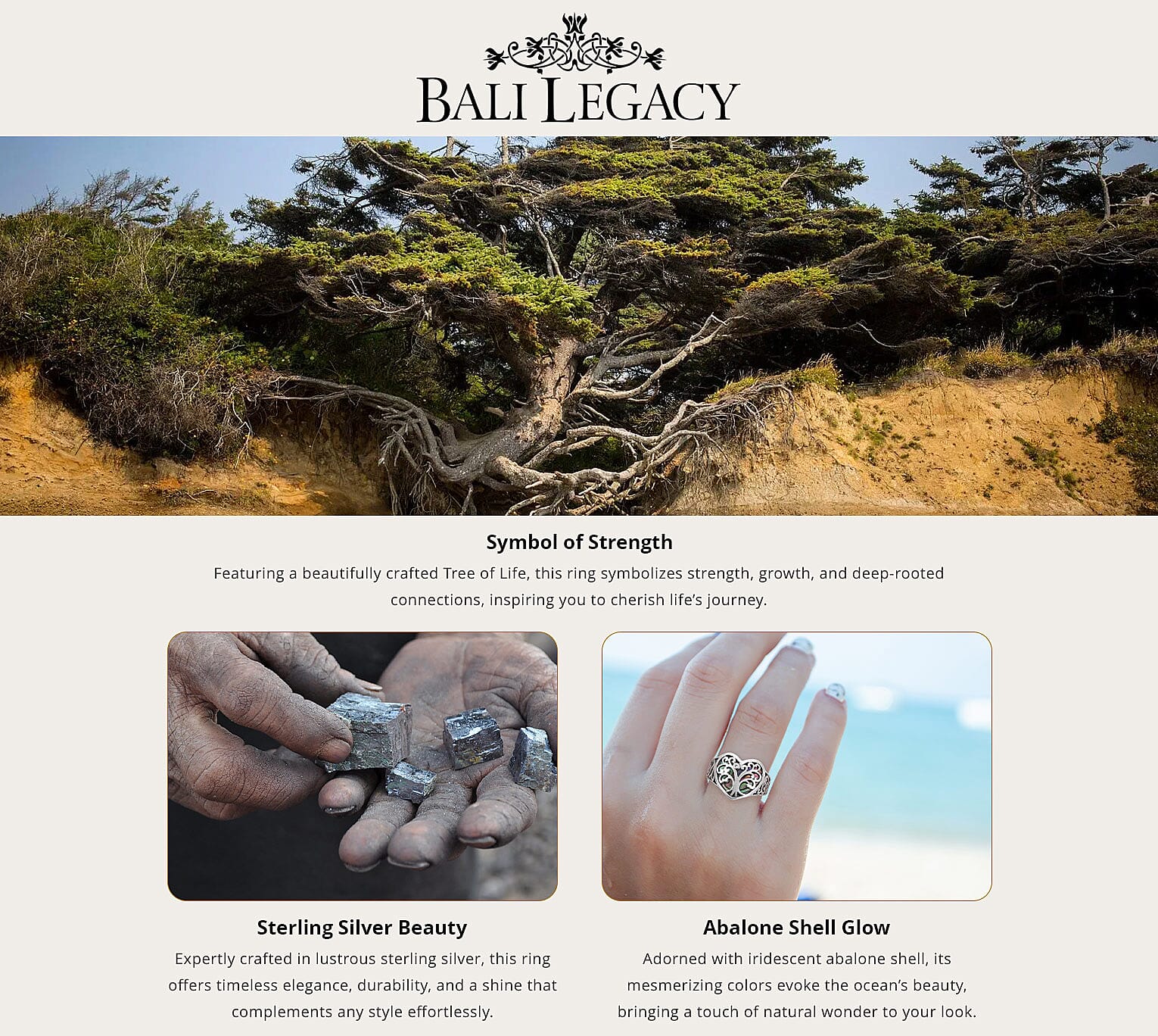 Bali Legacy Abalone Shell Floral Tree of Life Heart Ring in Sterling Silver Banner