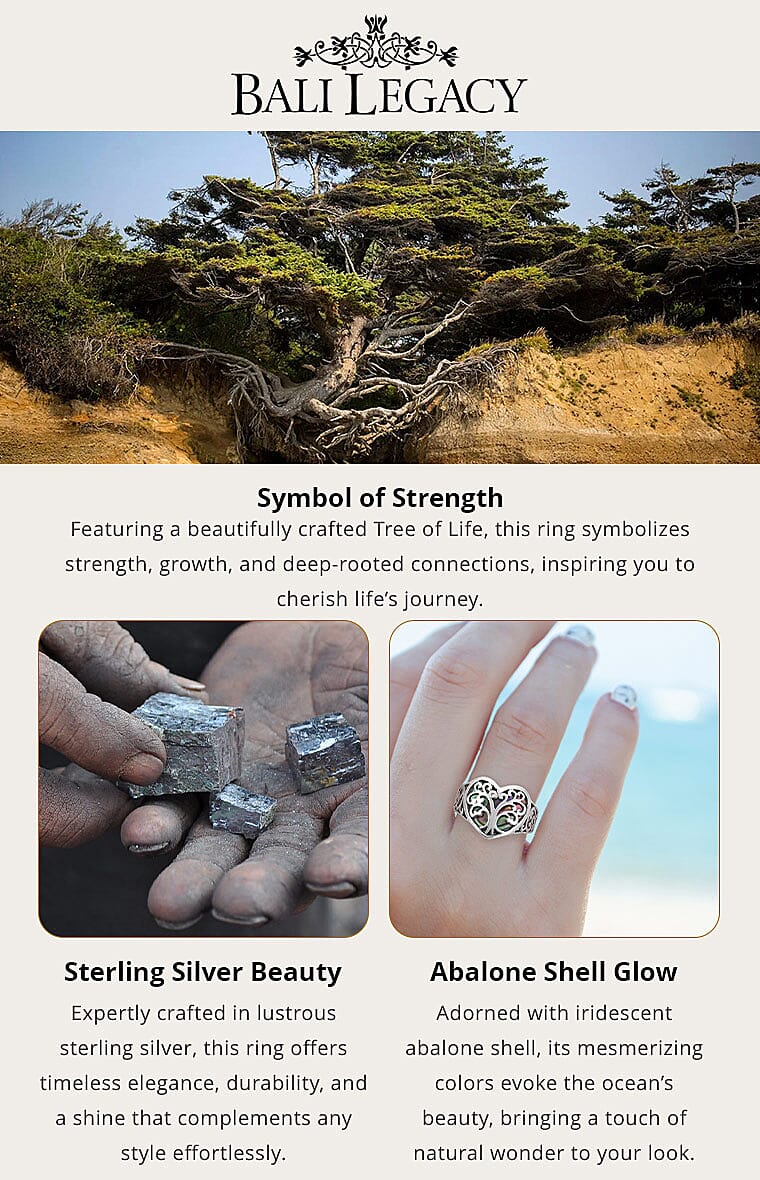 Bali Legacy Abalone Shell Floral Tree of Life Heart Ring in Sterling Silver Banner