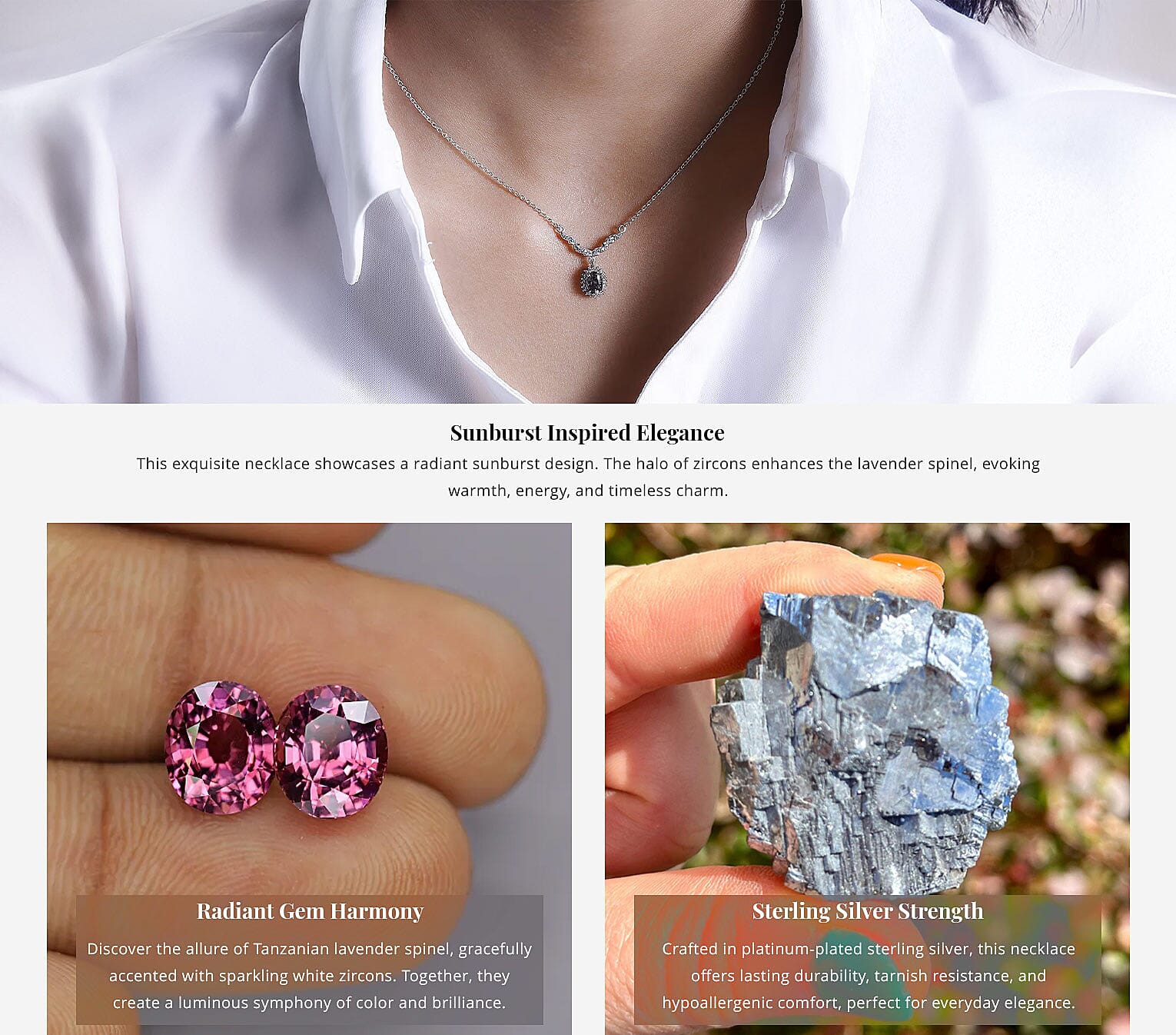 Tanzanian Lavender Spinel and White Zircon 1.15 ctw Sunburst Necklace 18-20 Inches in Platinum Over Sterling Silver Banner