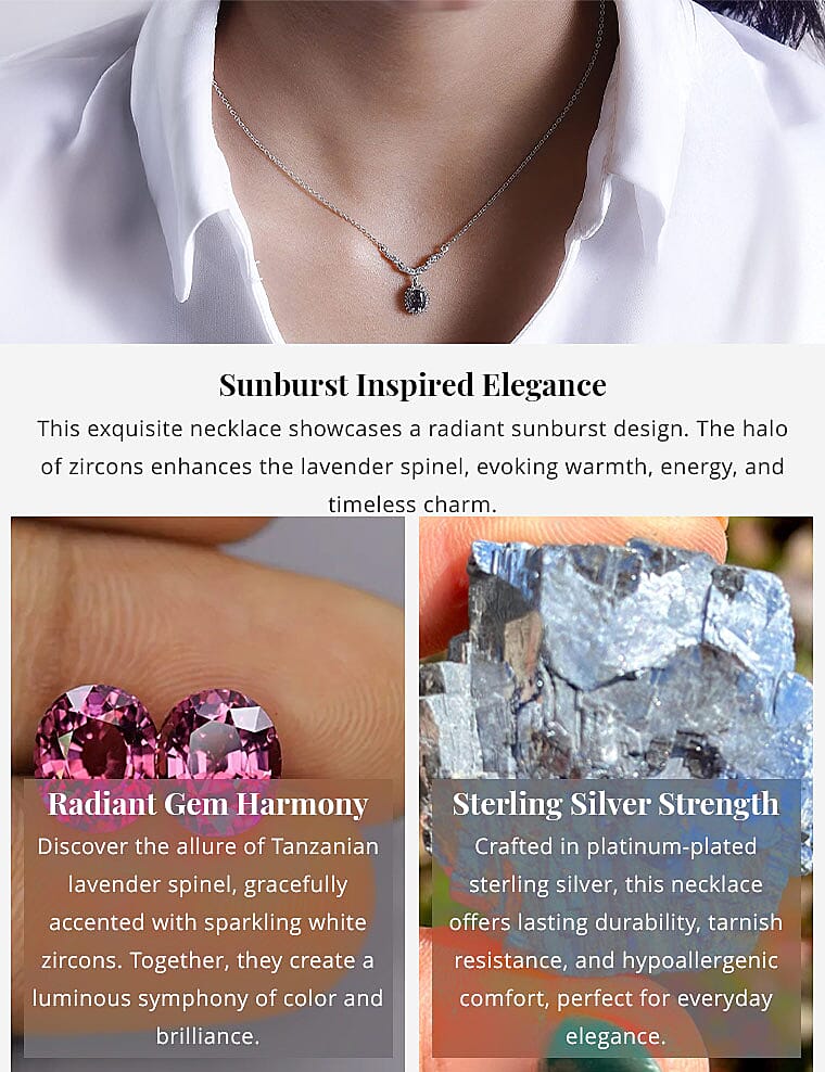 Tanzanian Lavender Spinel and White Zircon 1.15 ctw Sunburst Necklace 18-20 Inches in Platinum Over Sterling Silver Banner