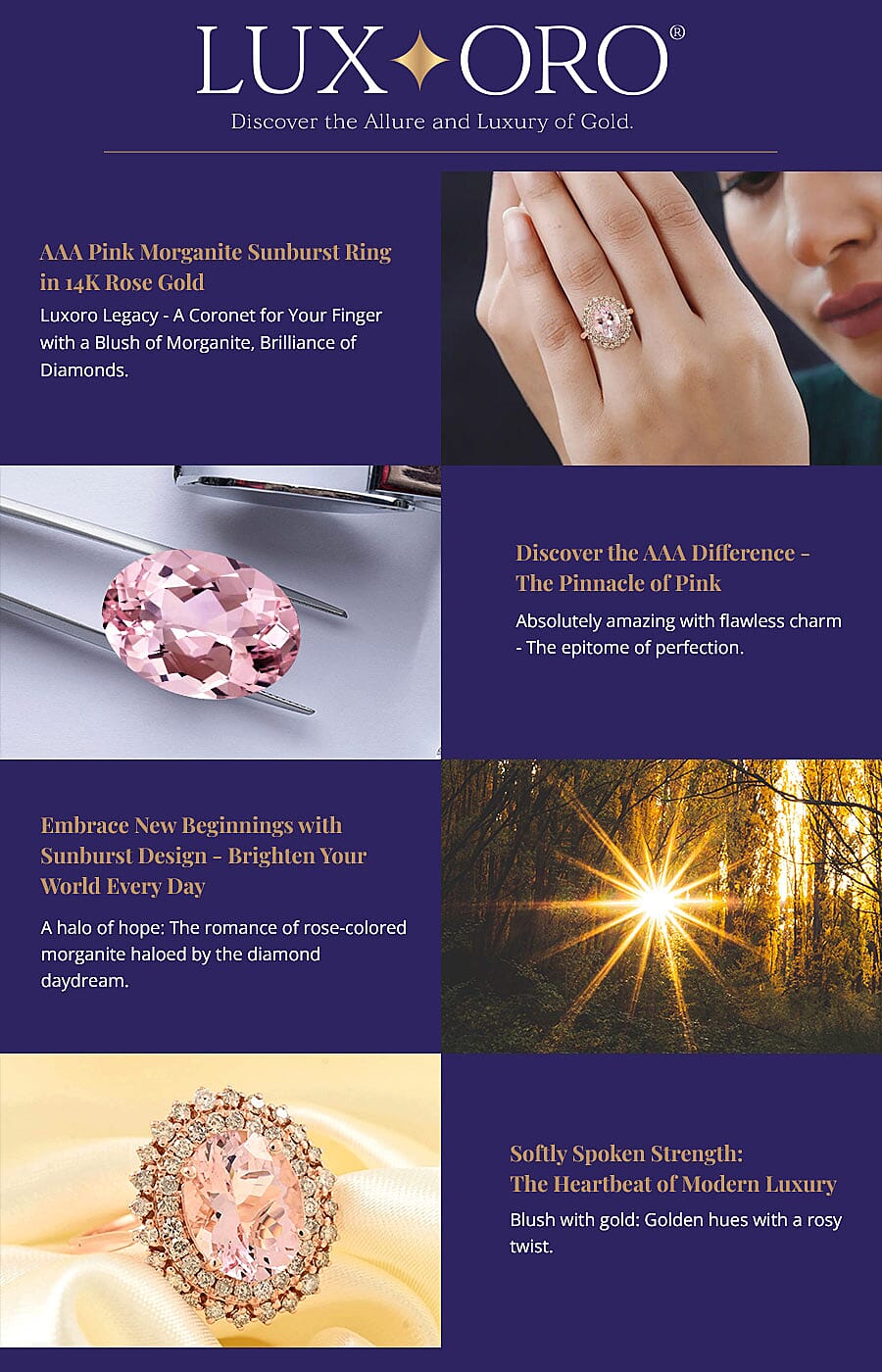 Luxoro AAA Pink Morganite Sunburst Ring in 14K Rose Gold Banner