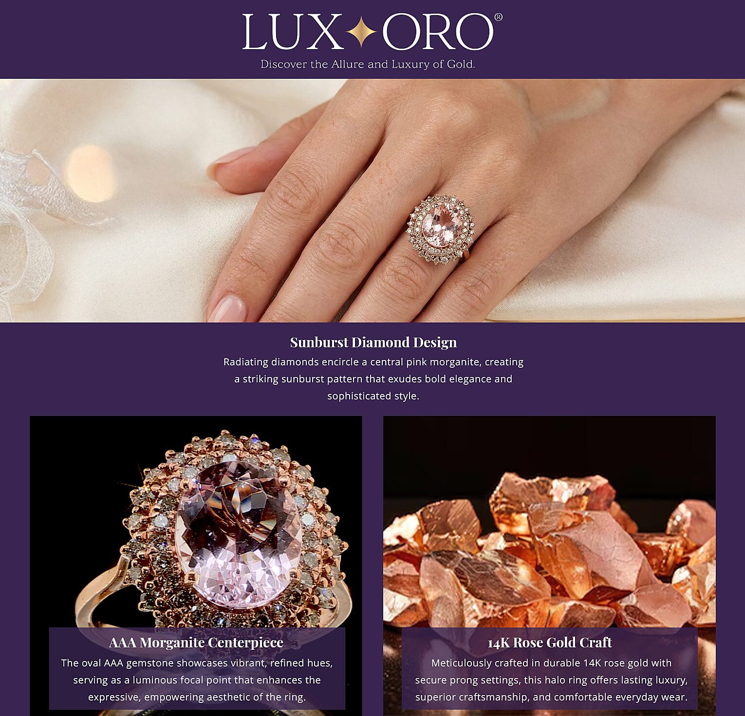 Certified & Appraised Luxoro AAA Pink Morganite and G-H I2 Diamond 3.90 ctw Sunburst Ring, Accent Ring, 14K Rose Gold Ring, Morganite Ring, Gold Jewelry For Her Banner