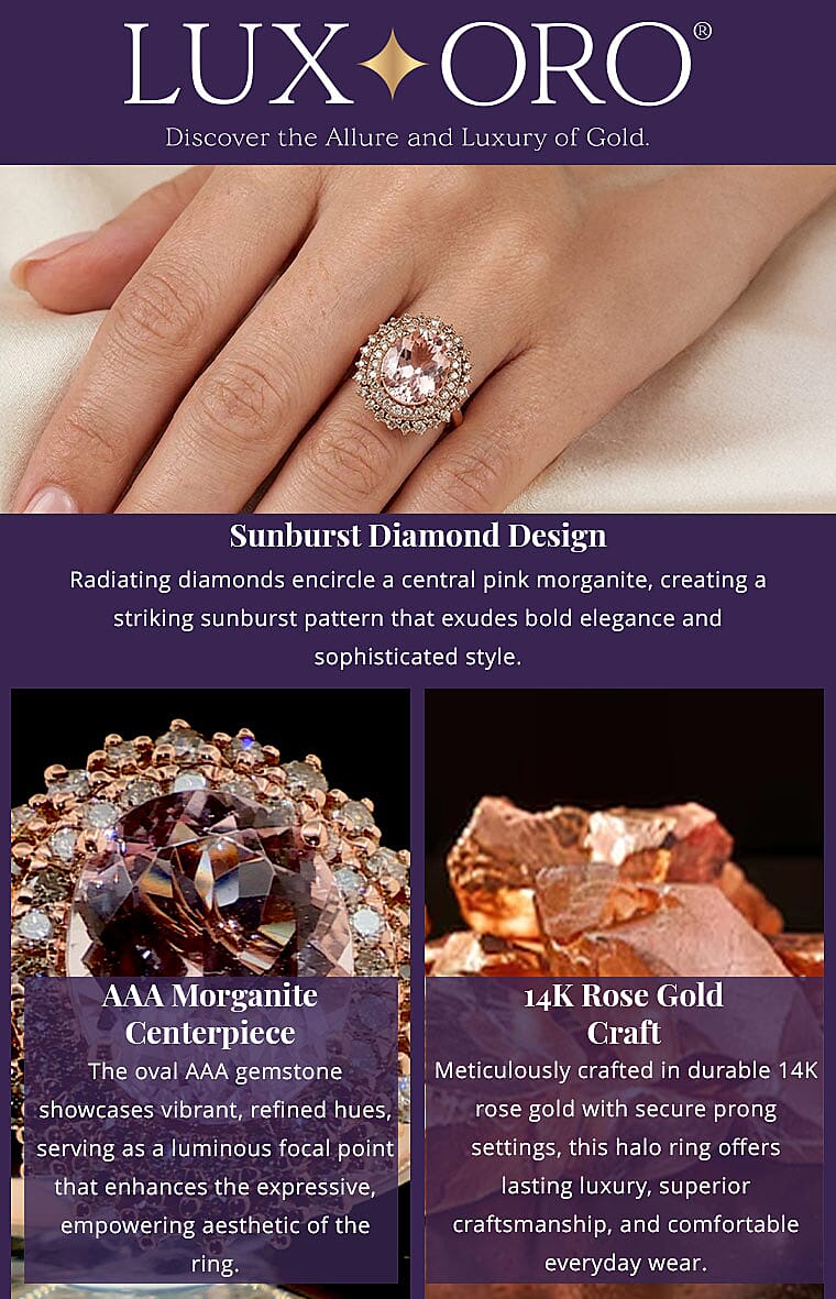 Certified & Appraised Luxoro AAA Pink Morganite and G-H I2 Diamond 3.90 ctw Sunburst Ring, Accent Ring, 14K Rose Gold Ring, Morganite Ring, Gold Jewelry For Her Banner