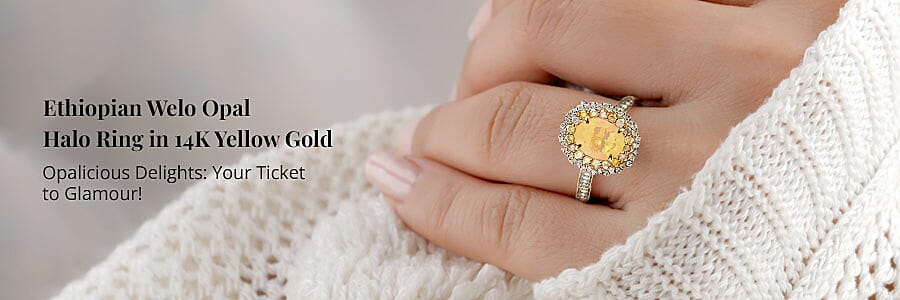 Ethiopian Welo Opal Halo Ring in 14K Yellow Gold Banner