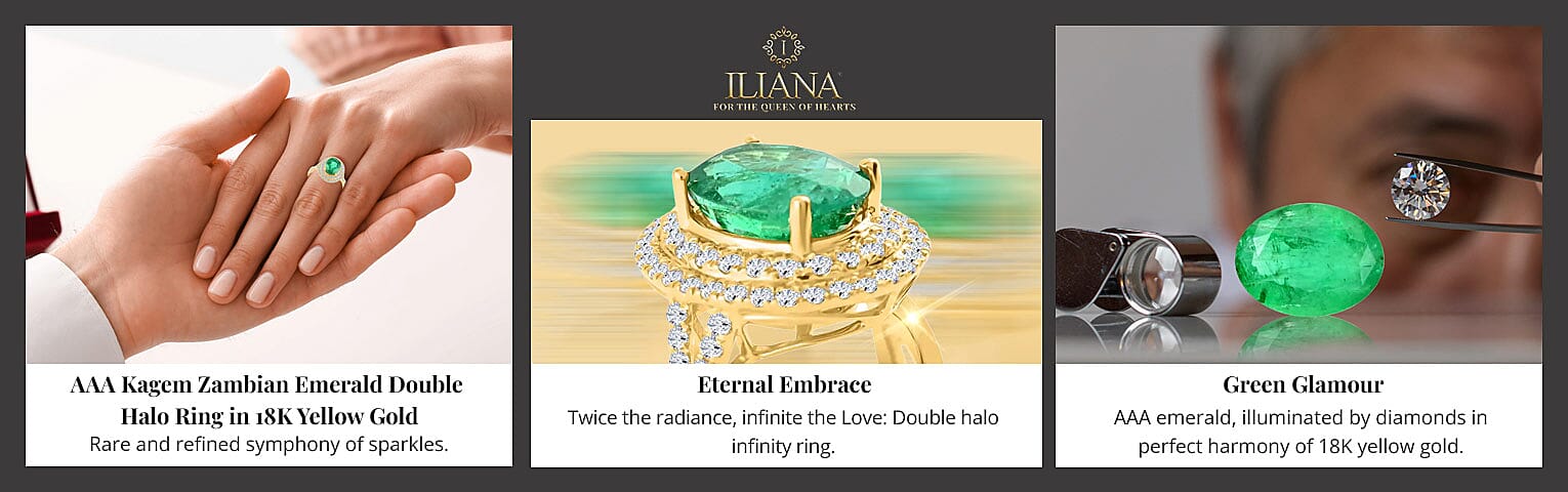 Iliana AAA Kagem Zambian Emerald Double Halo Ring in 18K Yellow Gold Banner