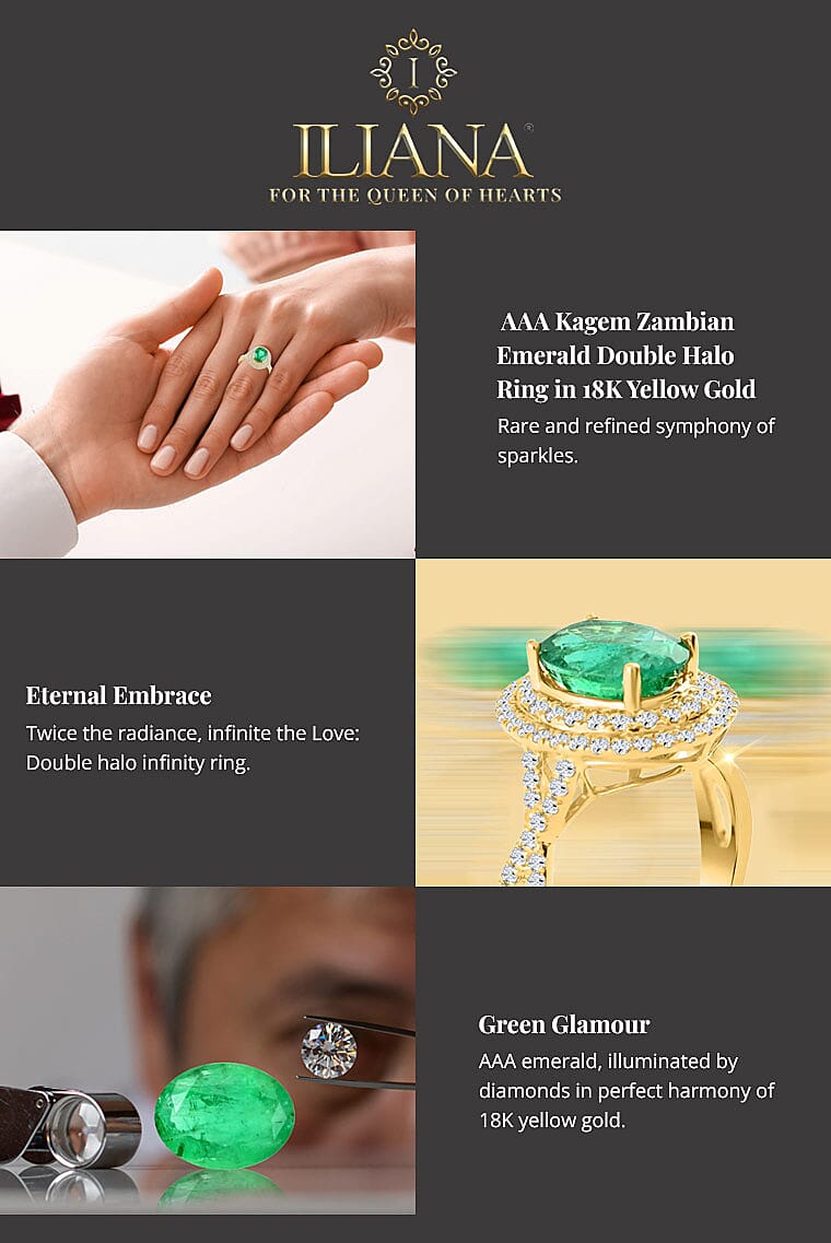 Iliana AAA Kagem Zambian Emerald Double Halo Ring in 18K Yellow GoldBanner