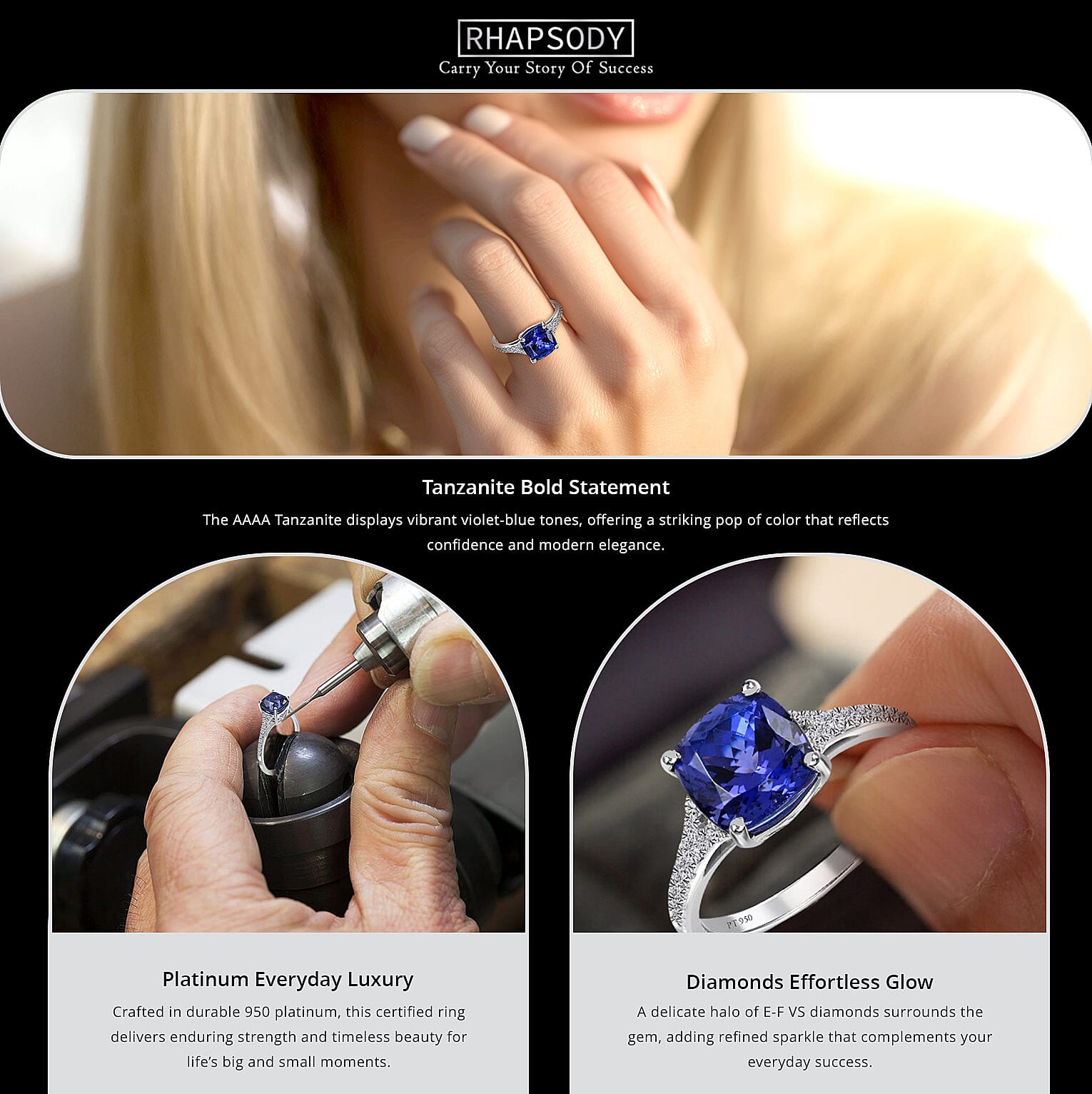 Certified and Appraised Rhapsody 950 Platinum AAAA Tanzanite and E-F VS Diamond Ring Banner