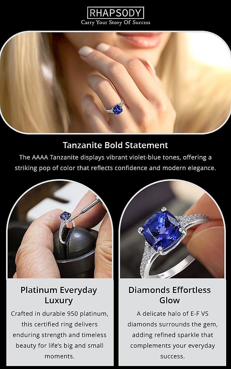 Certified and Appraised Rhapsody 950 Platinum AAAA Tanzanite and E-F VS Diamond Ring Banner