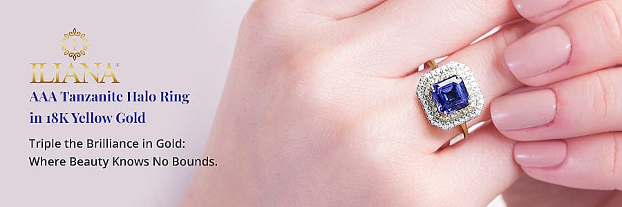 Iliana AAA Tanzanite Halo Ring in 18K Yellow Gold Banner
