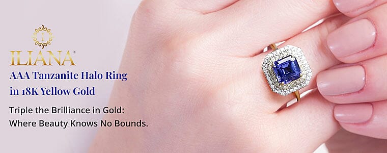 Iliana AAA Tanzanite Halo Ring in 18K Yellow Gold Banner