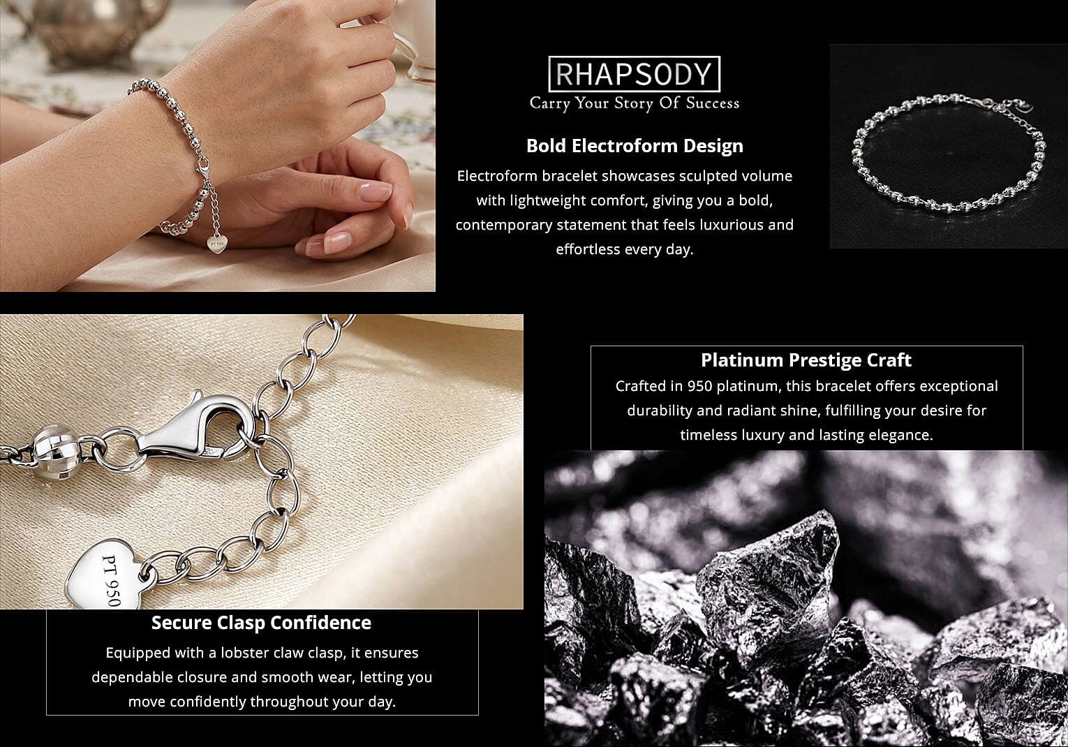 Rhapsody Electroform Bracelet (6.50-8.0 Inches) with Lobster Lock in 950 Platinum (3.3mm, 5.50 Grams) Banner