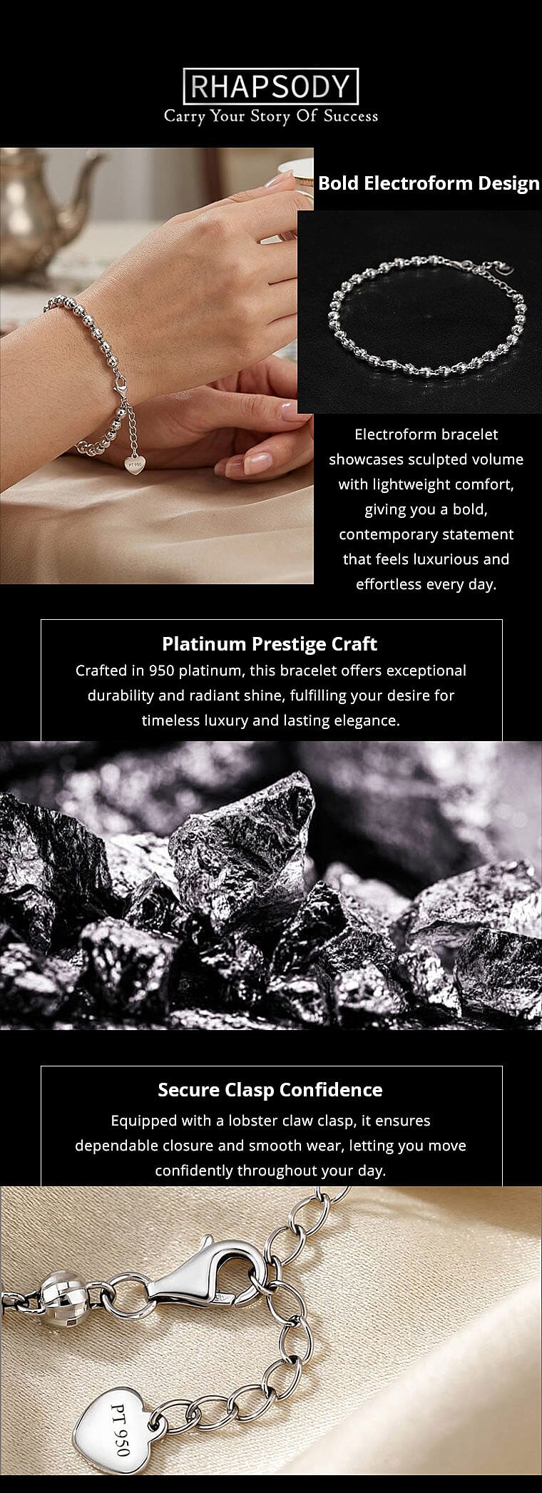 Rhapsody Electroform Bracelet (6.50-8.0 Inches) with Lobster Lock in 950 Platinum (3.3mm, 5.50 Grams) Banner