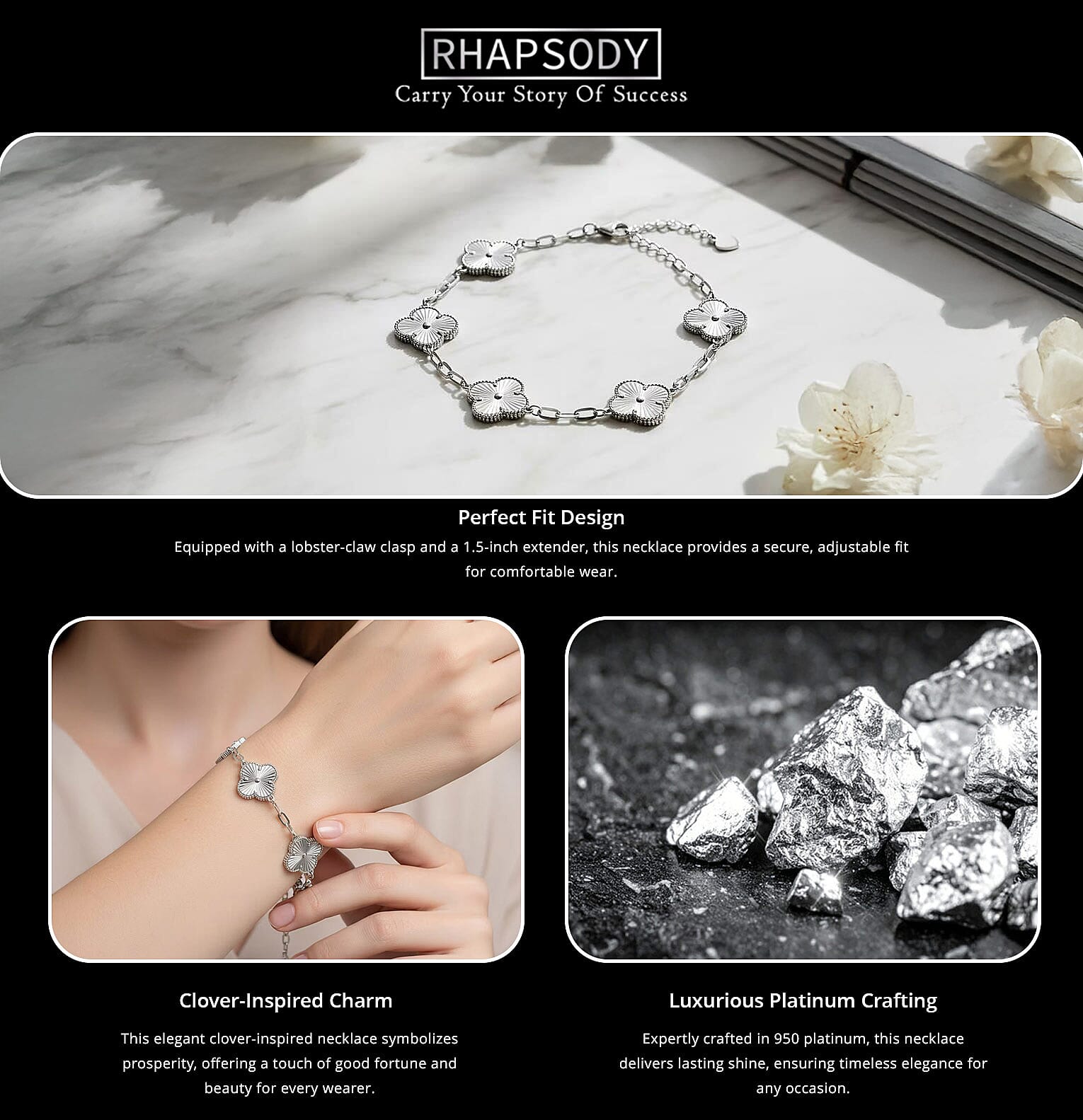 Rhapsody 950 Platinum Electroform Clover Bracelet (6.50 In) with Lobster Lock & 1.5 Extender 13.65 Grams Banner