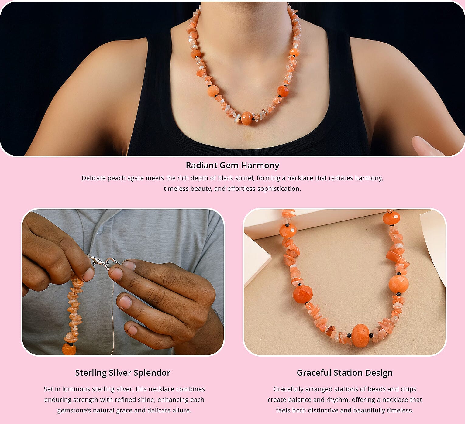 Peach Agate and Thai Black Spinel 245.00 ctw Station Necklace in Sterling Silver 20 Inches Banner