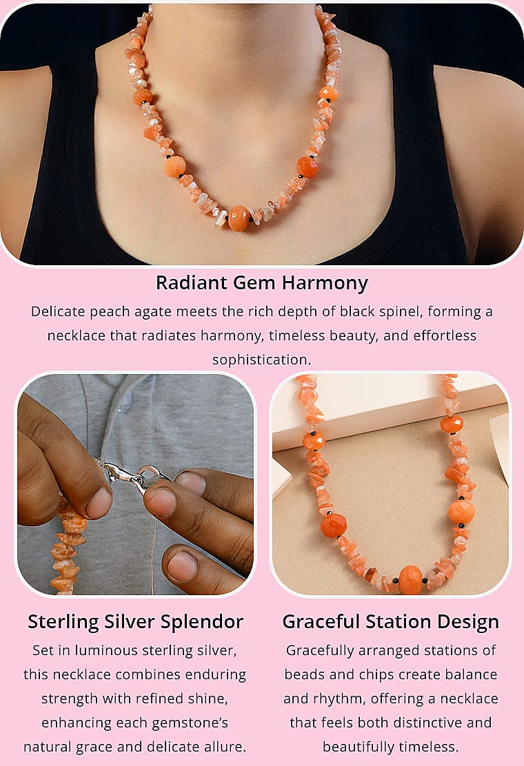 Peach Agate and Thai Black Spinel 245.00 ctw Station Necklace in Sterling Silver 20 Inches Banner