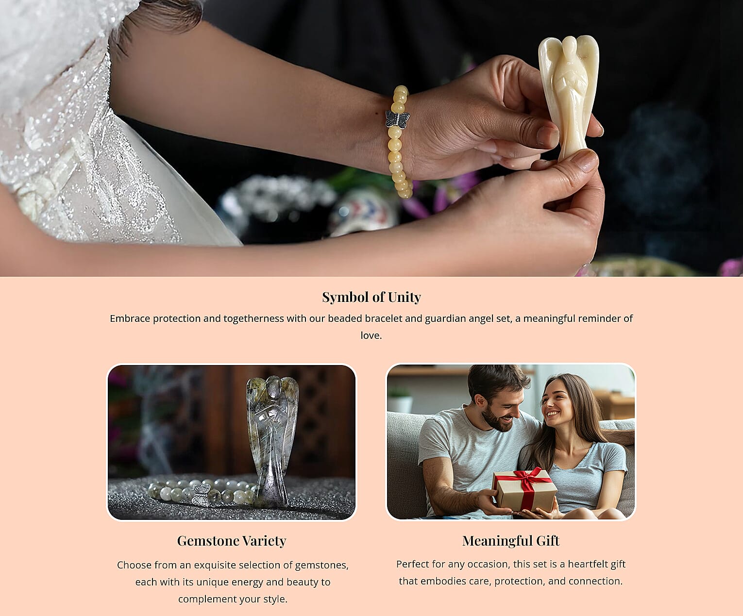 Hand Carved Rose Quartz Guardian Angel with Matching Beaded Stretch Bracelet Banner