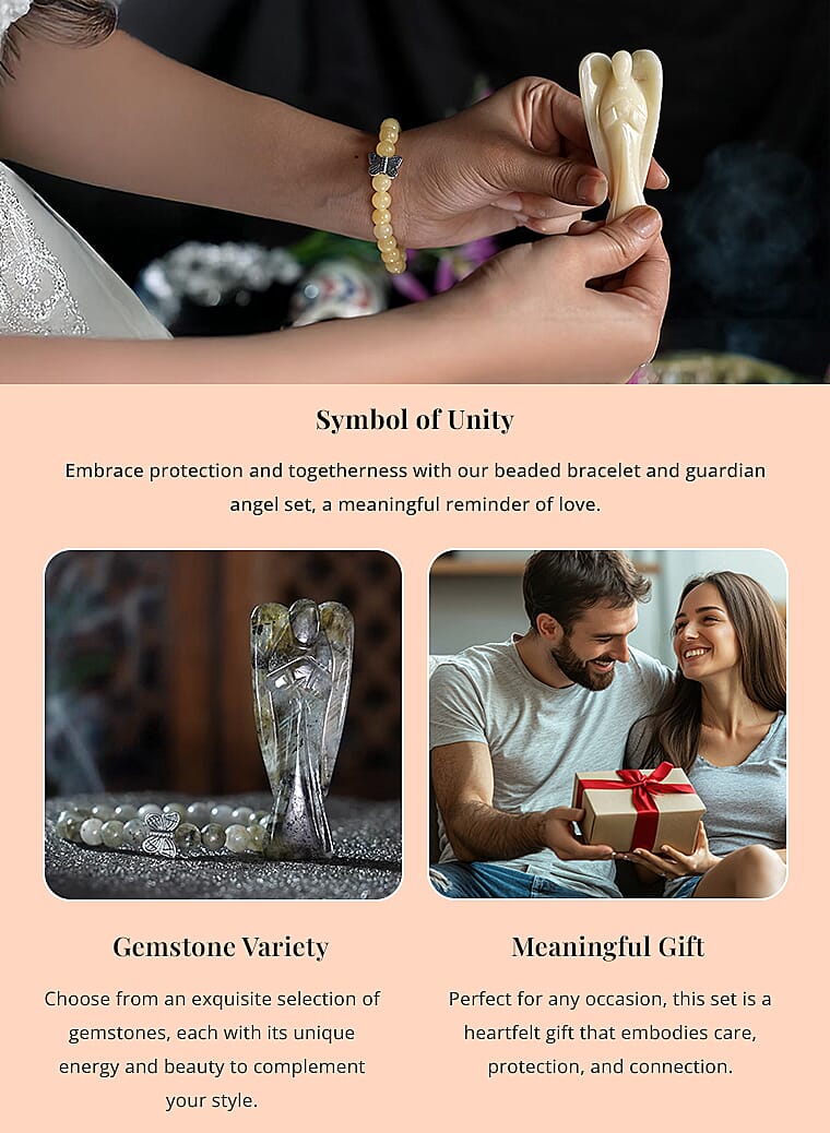 Hand Carved Rose Quartz Guardian Angel with Matching Beaded Stretch BraceletBanner