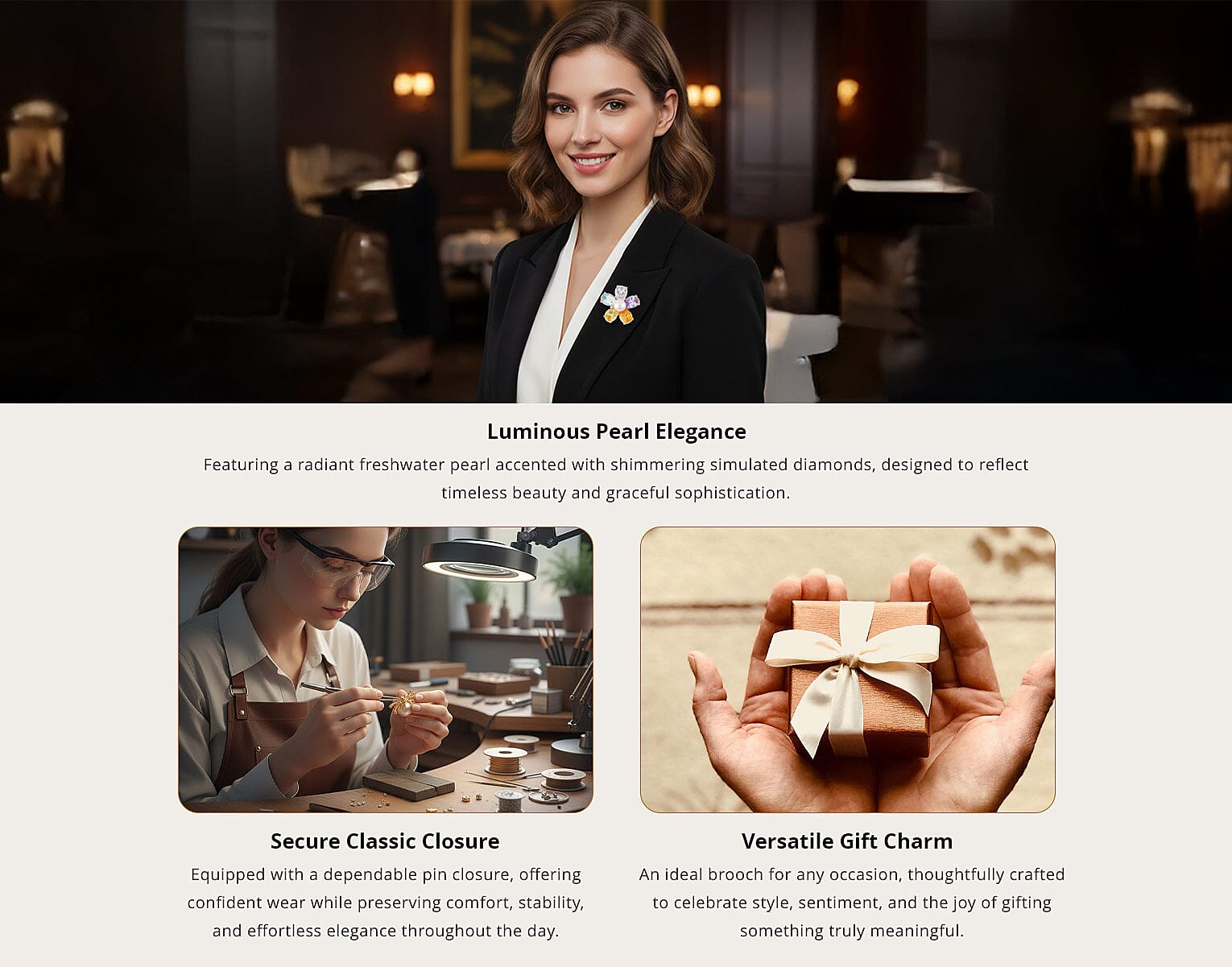 White Freshwater Pearl and Simulated Diamond Brooch in Goldtone Banner