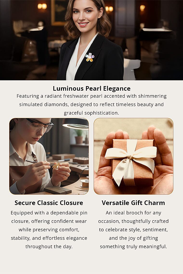 White Freshwater Pearl and Simulated Diamond Brooch in Goldtone Banner