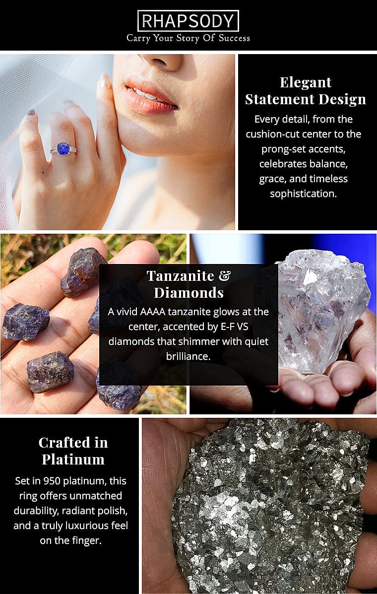 Rhapsody Certified & Appraised AAAA Tanzanite and E-F VS Diamond 3.55 ctw Accent Ring, 950 Platinum Ring, Wedding Ring 6 Grams Banner