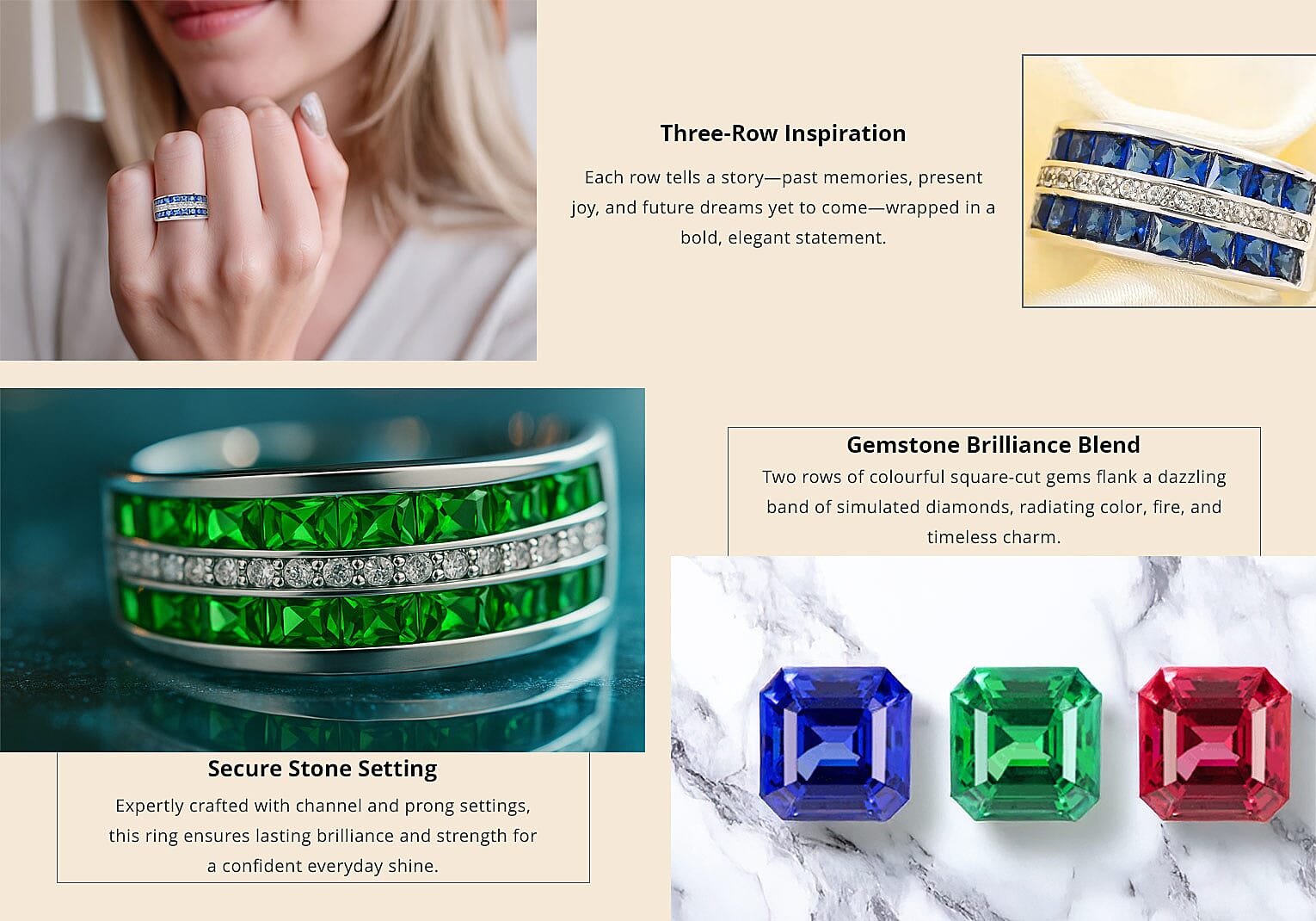 Lab Created Sapphire Ring, Simulated Diamond Ring, Sterling Silver Ring, Multi Row Band Ring Banner