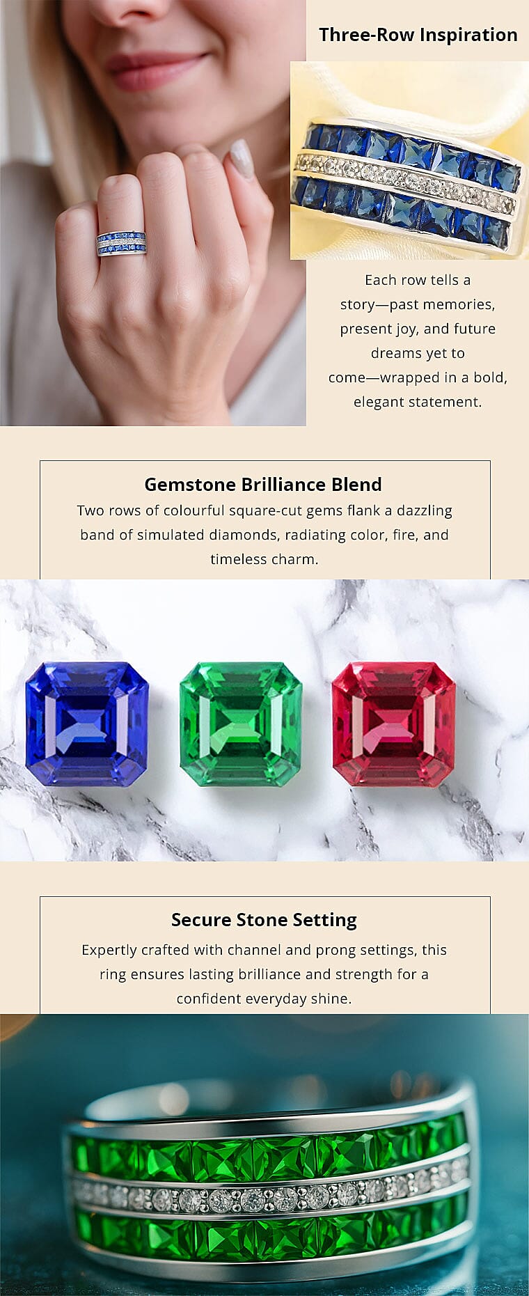 Lab Created Sapphire Ring, Simulated Diamond Ring, Sterling Silver Ring, Multi Row Band Ring Banner