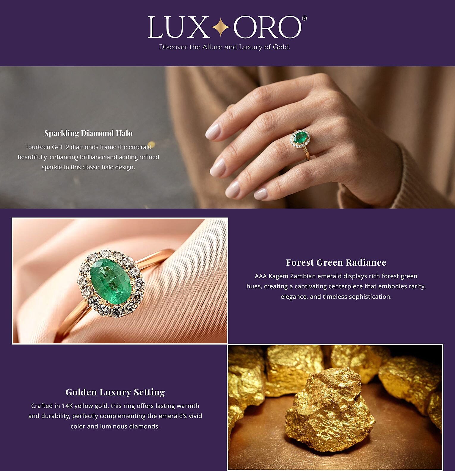 Certified & Appraised Luxoro AAA Kagem Zambian Emerald and G-H I2 Diamond 1.05 ctw Ring in 14K Yellow Gold (Del. in 10-15 Days) Banner