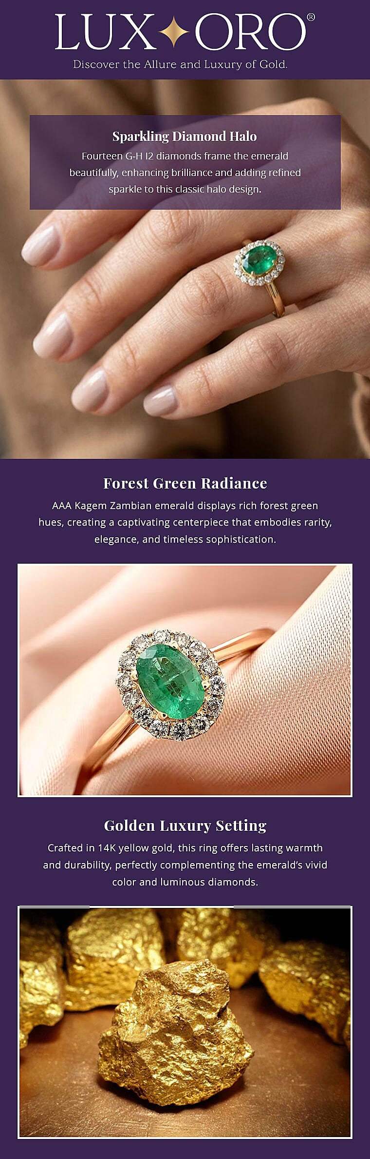 Certified & Appraised Luxoro AAA Kagem Zambian Emerald and G-H I2 Diamond 1.05 ctw Ring in 14K Yellow Gold (Del. in 10-15 Days) Banner