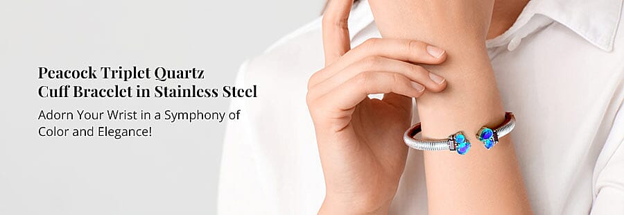 Peacock Triplet Quartz Cuff Bracelet in Stainless Steel Banner