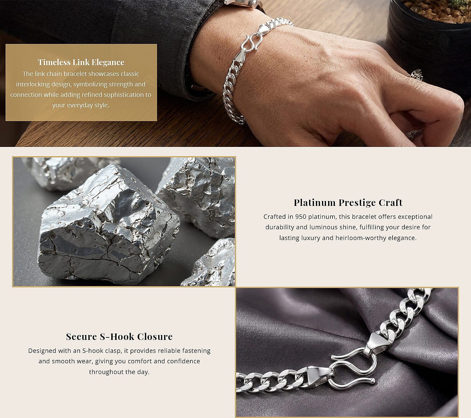 950 Platinum 4.4mm Men's Link chain Bracelet (8.00 In) 9.55 Grams Banner