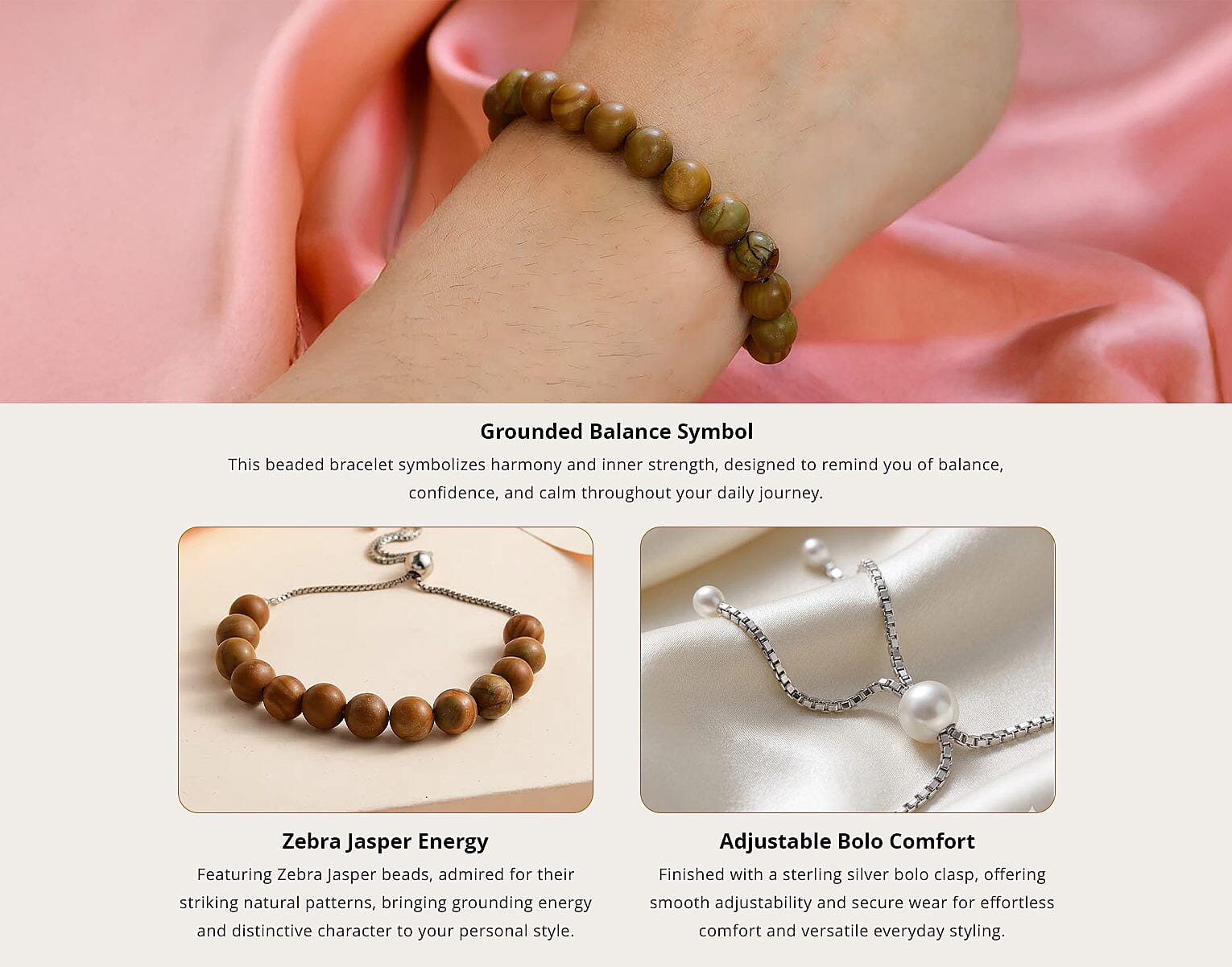 Zebra Jasper 50.00 ctw Beaded Bolo Bracelet in Sterling Silver Banner