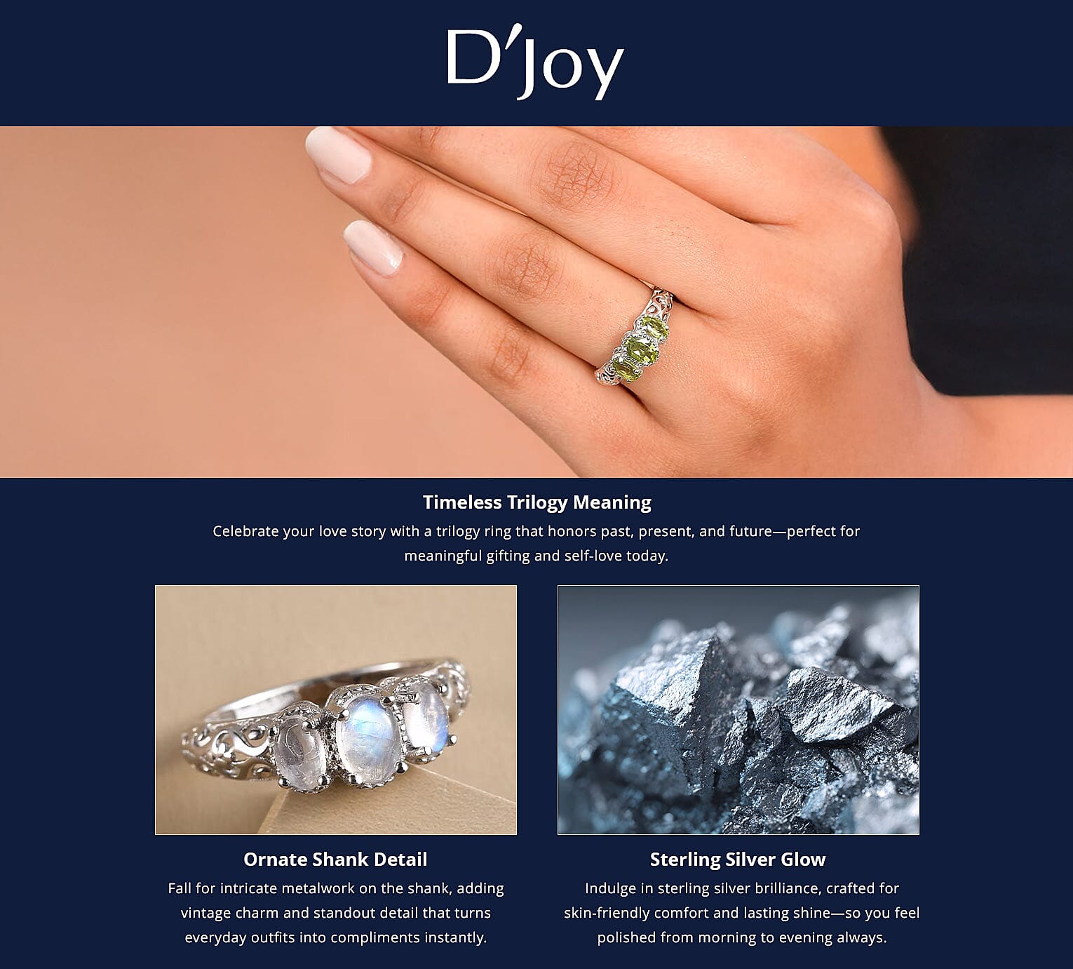 D'Joy Arizona Peridot 3 Stone Ring in Platinum Over Sterling Silver 0.90 ctw Banner
