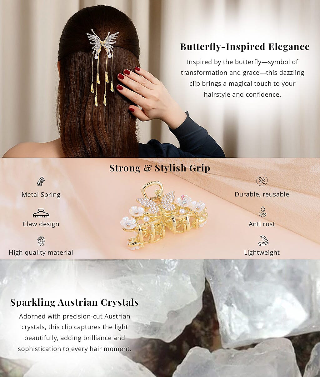 Austrian Crystal Butterfly Hair Pin in Goldtone Banner