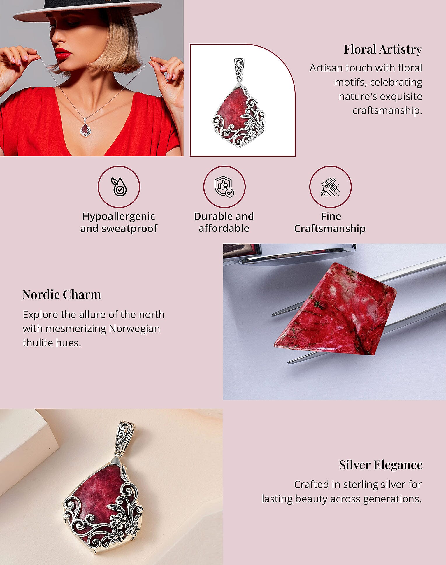 Artisan Crafted Norwegian Thulite Solitaire Pendant in Sterling Silver Banner