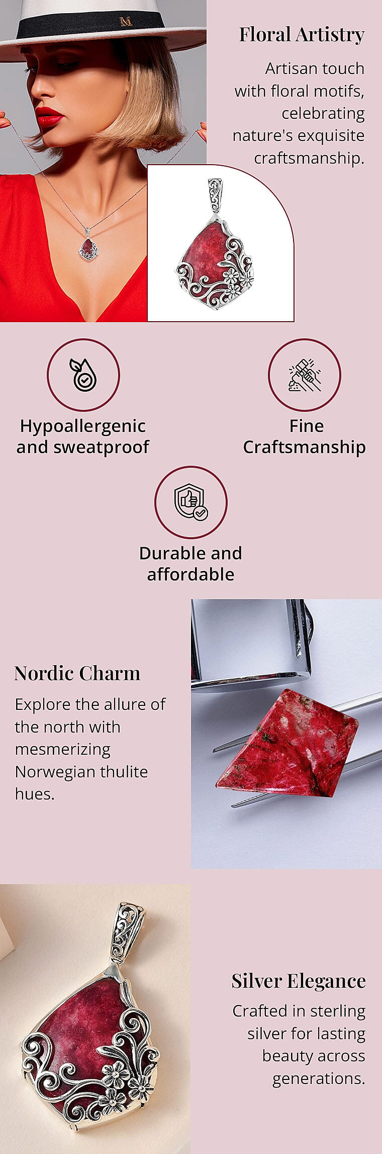 Artisan Crafted Norwegian Thulite Solitaire Pendant in Sterling Silver Banner