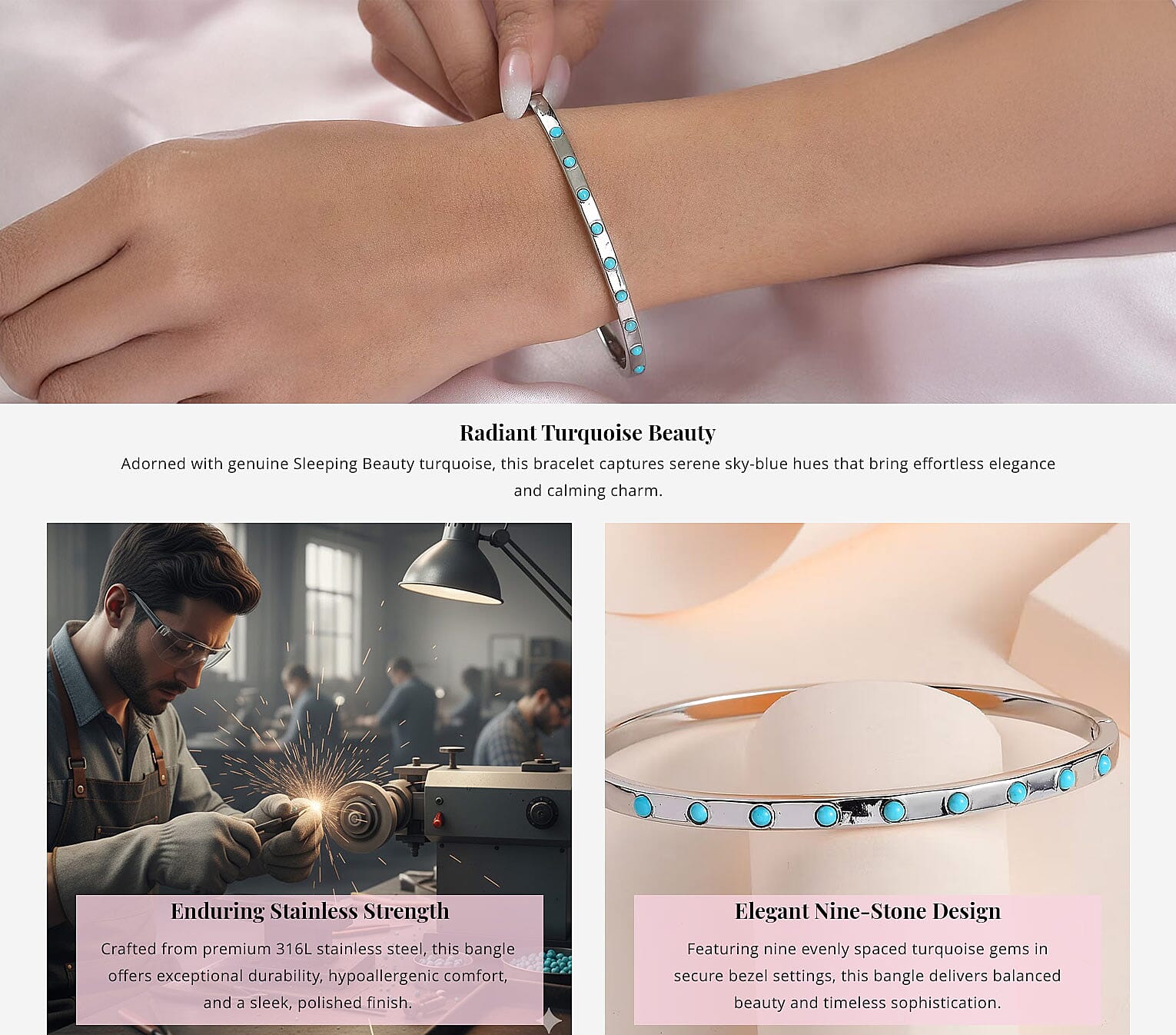 Sleeping Beauty Turquoise 0.65 ctw Bangle Bracelet in Stainless Steel (8.00 In) Banner