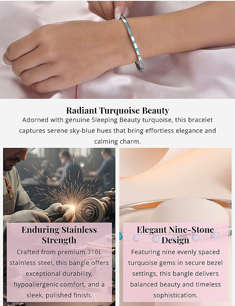 Sleeping Beauty Turquoise 0.65 ctw Bangle Bracelet in Stainless Steel (8.00 In) Banner
