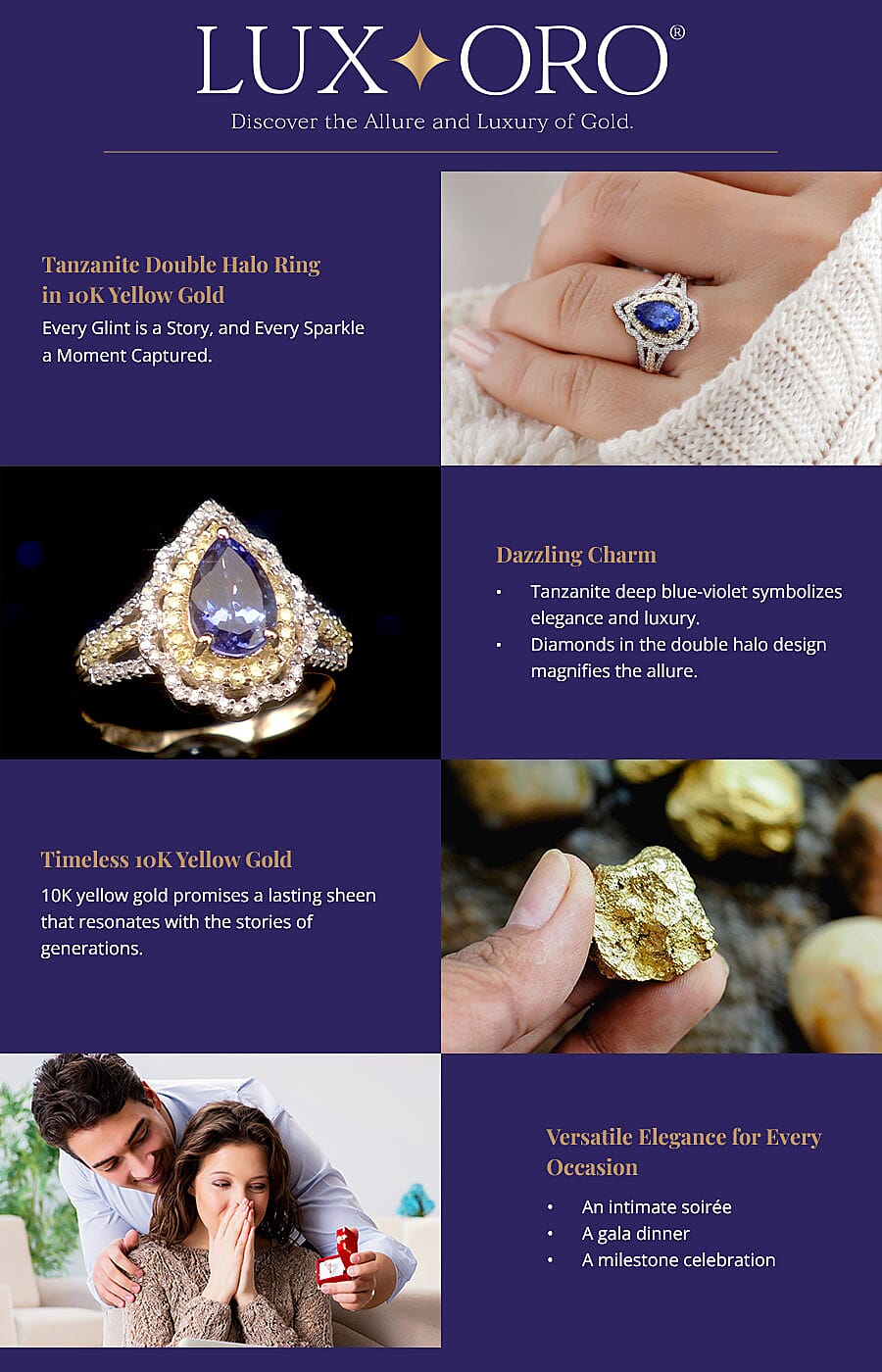 Luxoro Premium Tanzanite Double Halo Ring in 10K Yellow Gold Banner