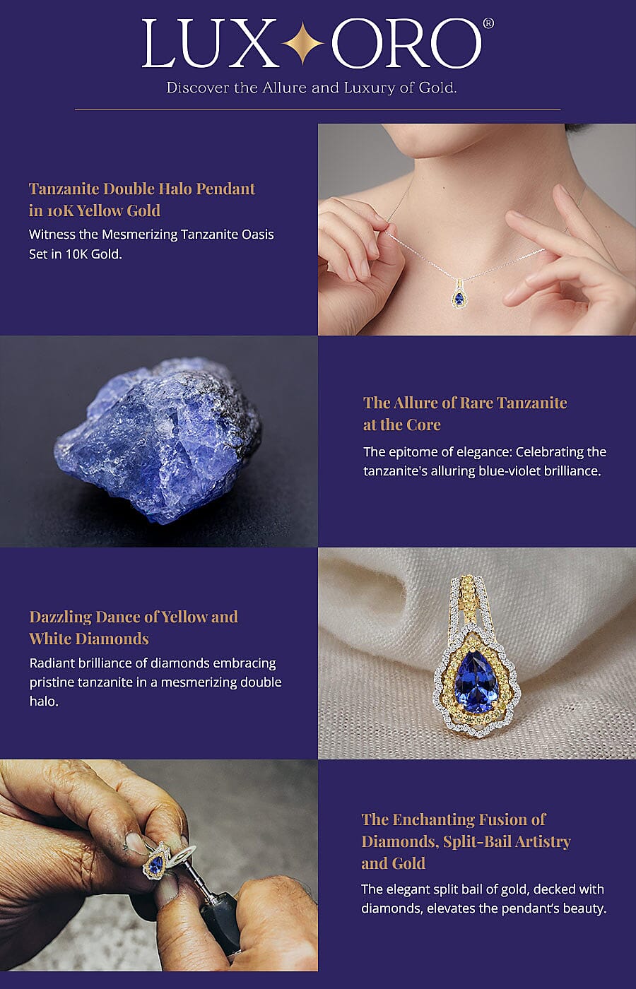 Luxoro Premium Tanzanite Double Halo Pendant in 10K Yellow Gold Banner