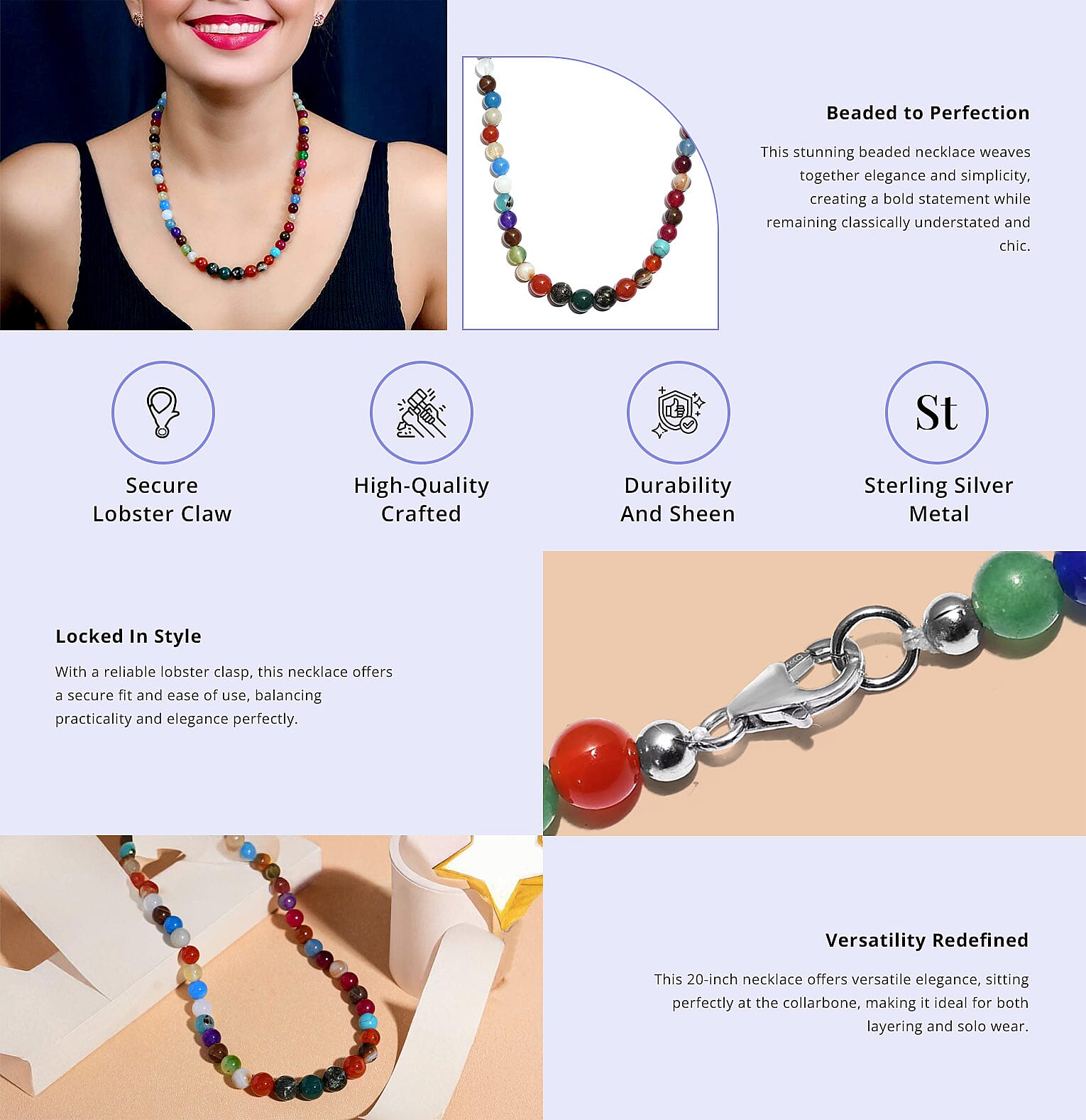 Multi Gemstone Beaded Necklace in Sterling Silver Banner