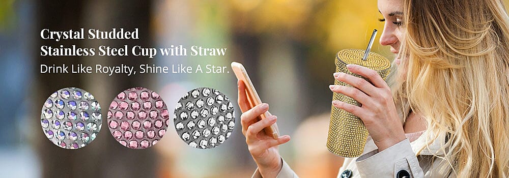 Crystal Studded Stainless Steel Cup with Straw Banner