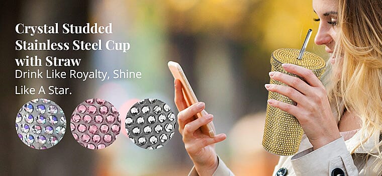Crystal Studded Stainless Steel Cup with Straw Banner