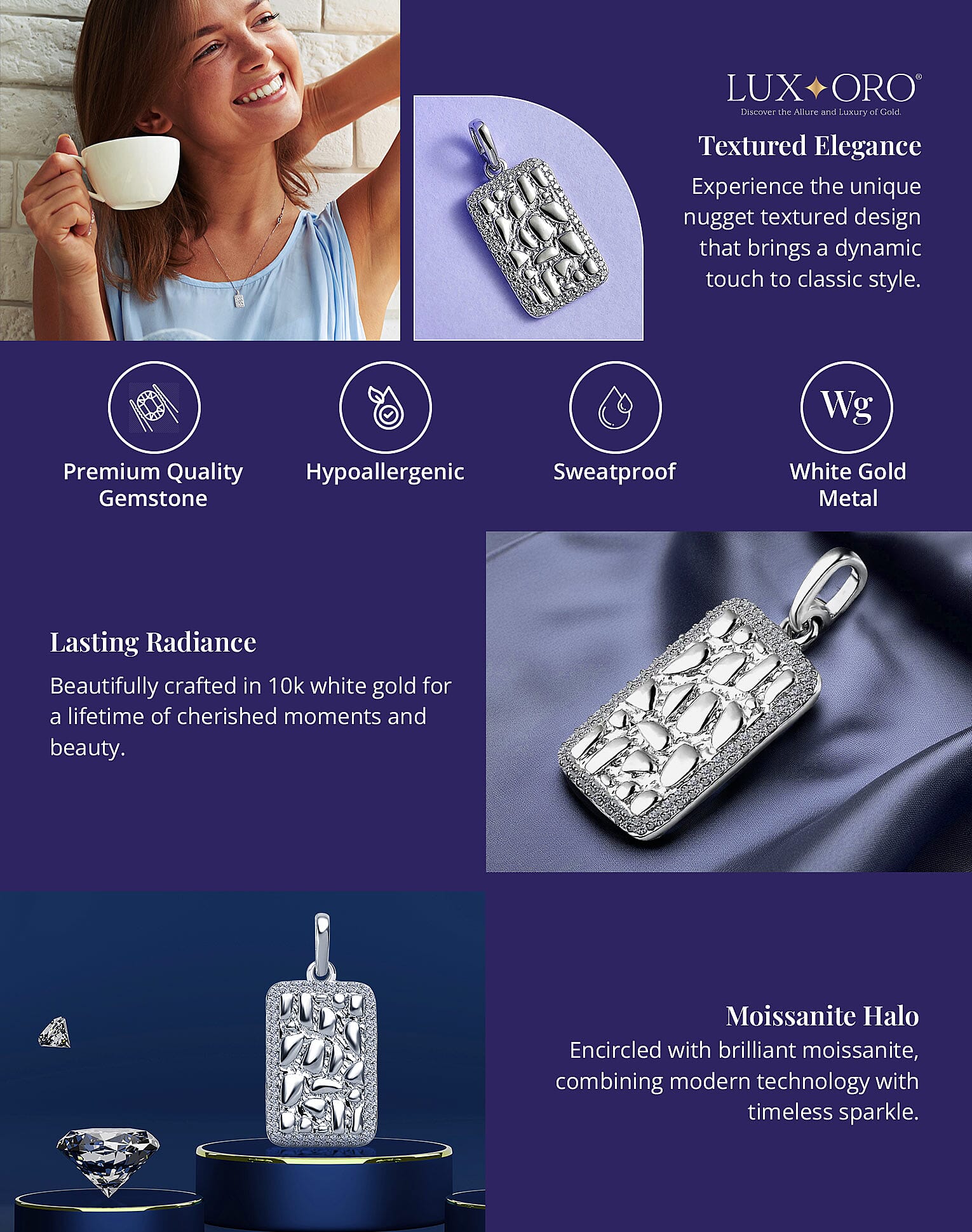 Luxoro 10K White Gold Moissanite Nugget Texture Pendant Banner