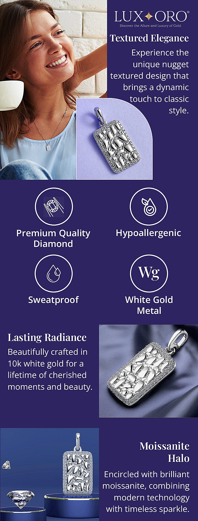Luxoro 10K White Gold Moissanite Nugget Texture Pendant Banner