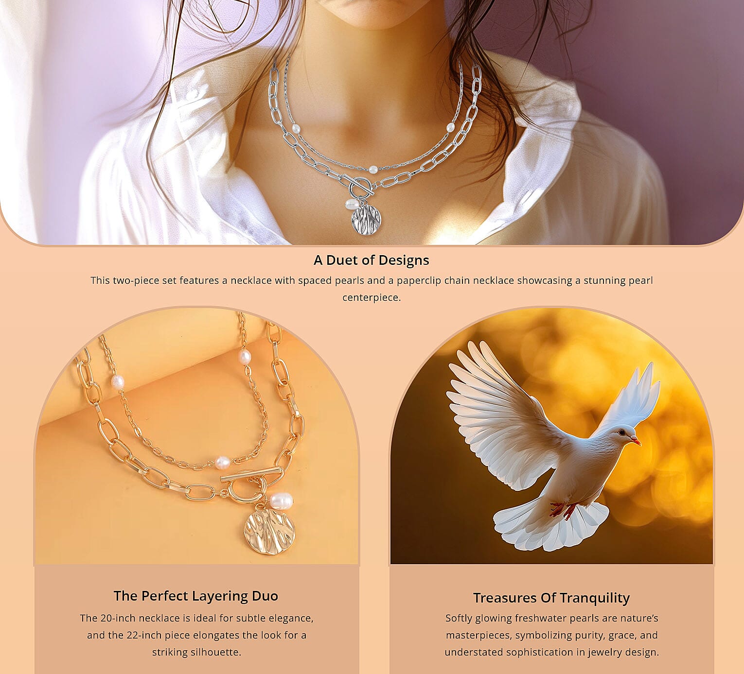 Freshwater Pearl Set of 2 Station and Paper Clip Chain Necklace Banner