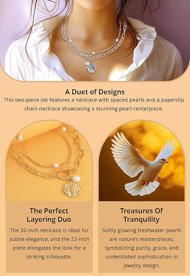 Freshwater Pearl Set of 2 Station and Paper Clip Chain Necklace Banner