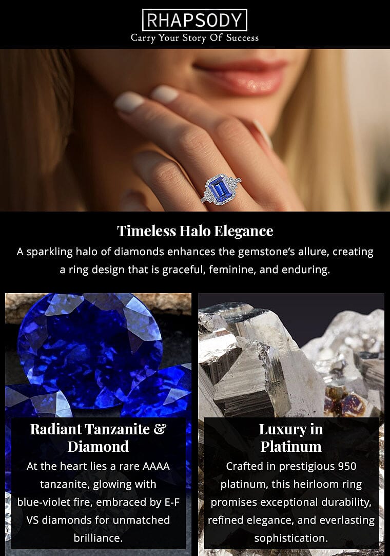 Certified and Appraised Rhapsody 950 Platinum AAAA Tanzanite and E-F VS Diamond Halo Ring 7.15 Grams 4.00 ctw Banner