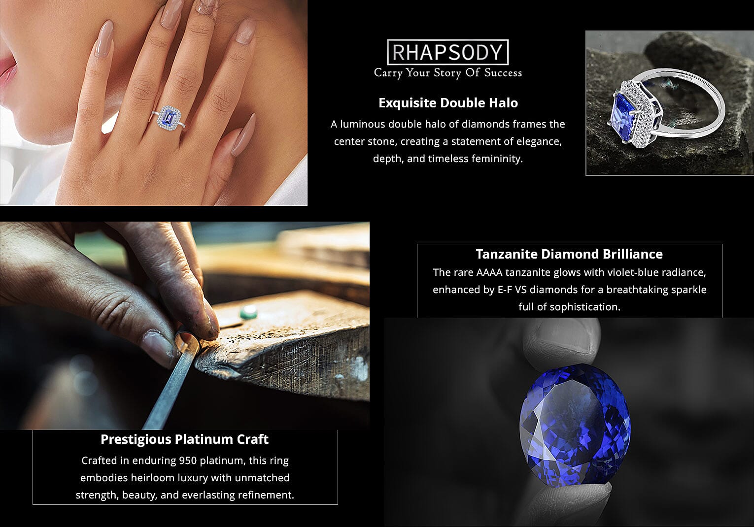 Certified and Appraised Rhapsody 950 Platinum AAAA Tanzanite and E-F VS Diamond Double Halo Ring 6.15 Grams 3.00 ctw (Del. in 10-15 Days) Banner
